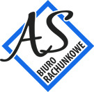 Logo biura rachunkowego AS w niebieskiej ramce w kształcie rombu, z czarnym, stylizowanym napisem 'AS' i tekstem 'BIURO RACHUNKOWE' poniżej.