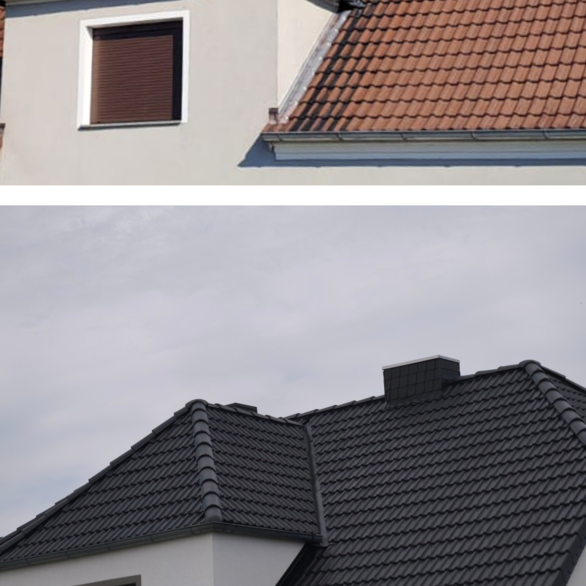 Fragment dachu z brązową dachówką i rynną, fragment elewacji z oknem i brązową roletą zewnętrzną. Ujęcie z dołu.