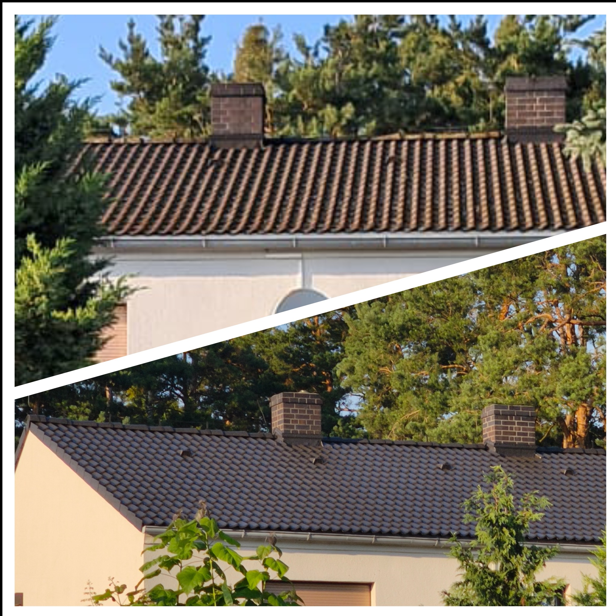 Zdjęcie typu 'przed i po' dachu dwuspadowego z kominami. Górna część dachu jest brązowa i zabrudzona, dolna część dachu jest czysta i ma ciemnoszary kolor.