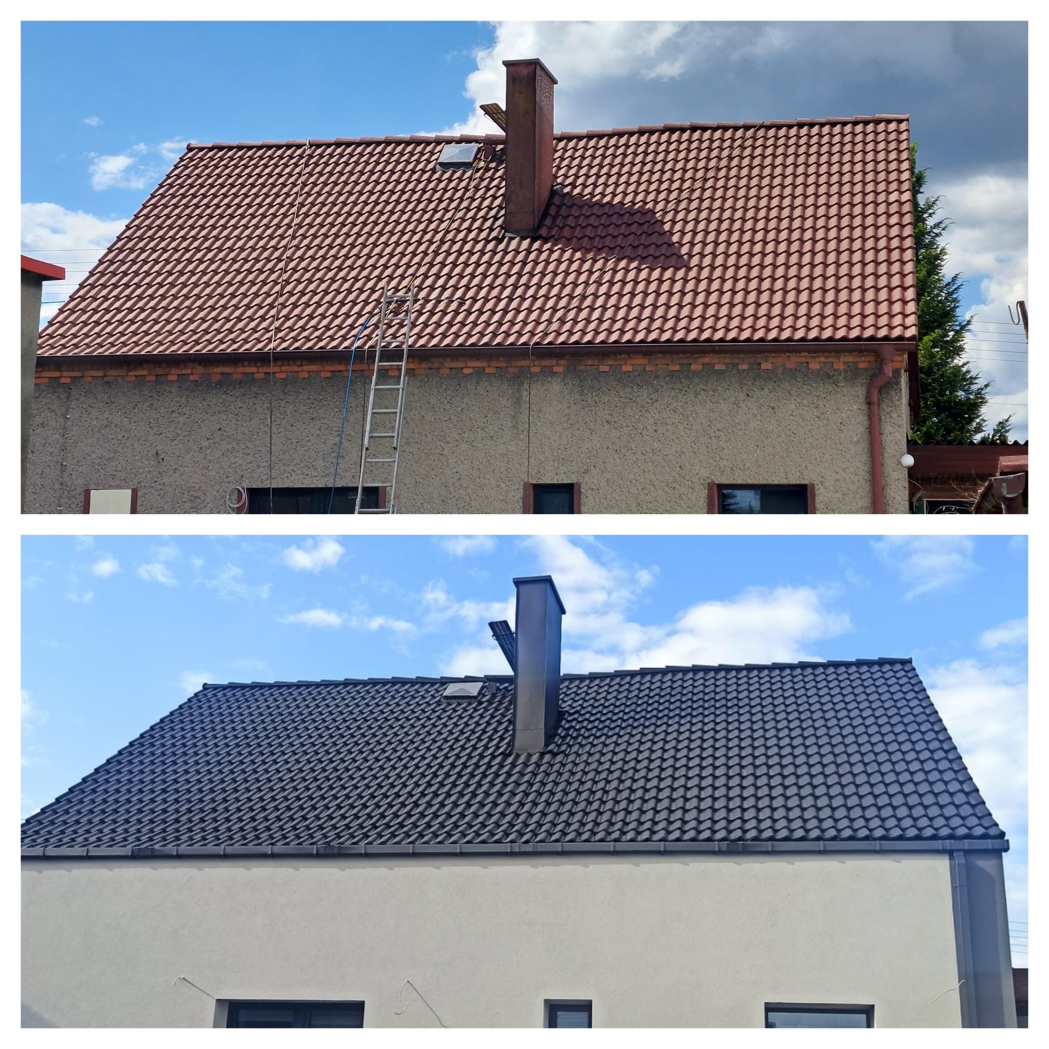 Zdjęcie 'przed i po' prezentujące dach z czerwoną dachówką przed i z ciemnoszarą dachówką po renowacji. Widoczny komin i drabina oparta o ścianę budynku.
