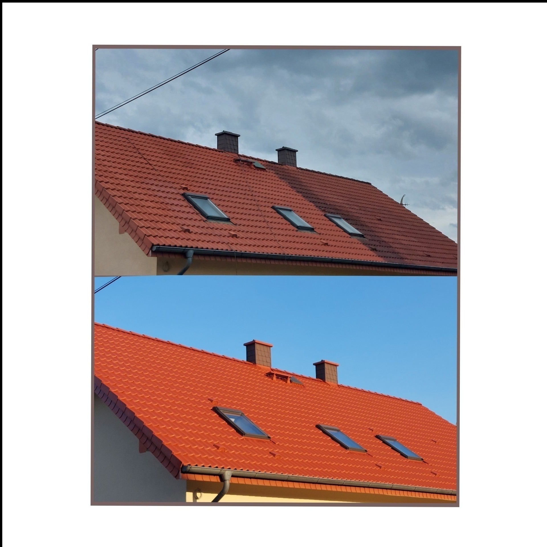Dachówka ceramiczna przed i po czyszczeniu. Górna część dachu jest brudna, dolna czysta, z trzema oknami dachowymi i dwoma kominami.