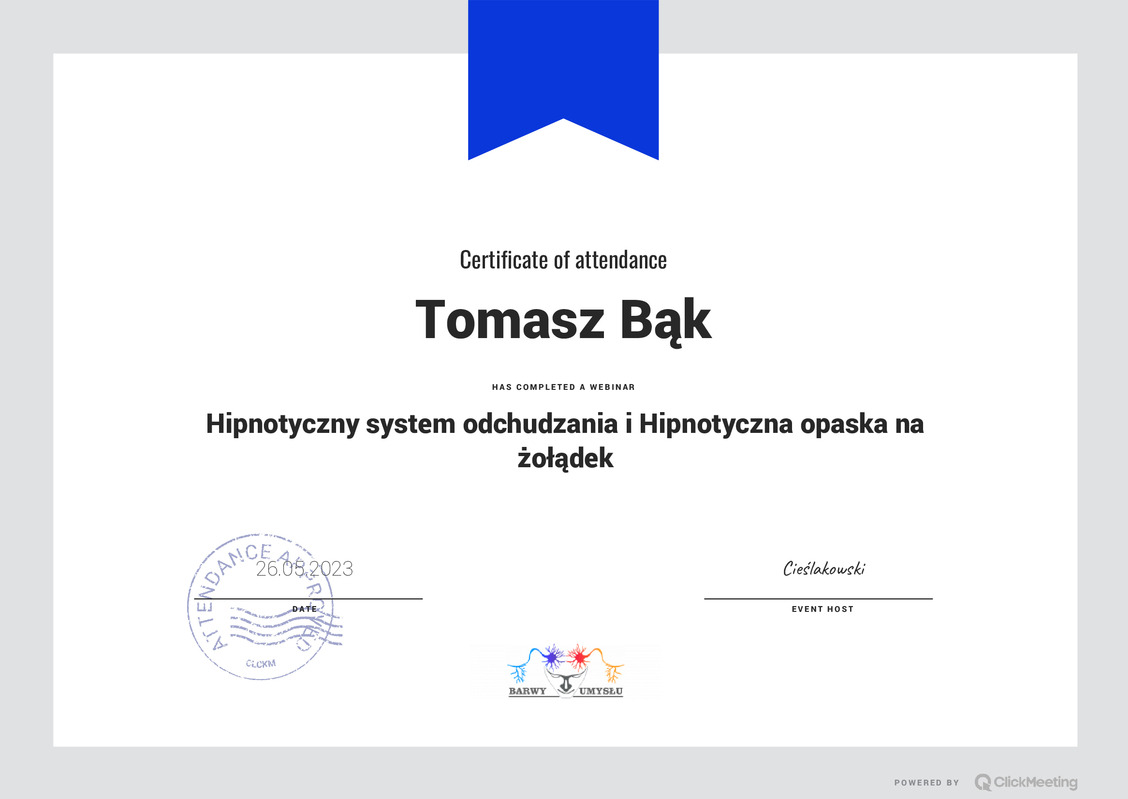 Certyfikat ukończenia webinaru dotyczącego hipnotycznego systemu odchudzania i hipnotycznej opaski na żołądek, wystawiony na nazwisko Tomasz Bąk, z datą 26.05.2023 i logo Barwy Umysłu.