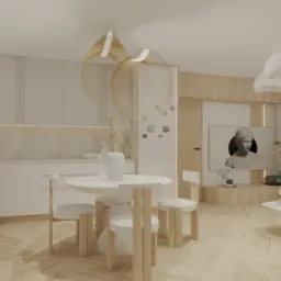 Jasne wnętrze z kuchnią, jadalnią i salonem. Białe meble, drewniana podłoga w jodełkę, złote lampy. Minimalistyczny design z akcentami sztuki i roślin.