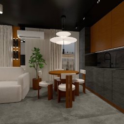 COLIBRIART PRACOWNIA WNĘTRZ EWA ŚWIDERSKA-BASIAK - Wnętrze mieszkania z aneksem kuchennym: drewniane szafki, szare blaty, okrągły stół z krzesłami, biała sofa i designerska lampa wisząca. Nowoczesny styl.