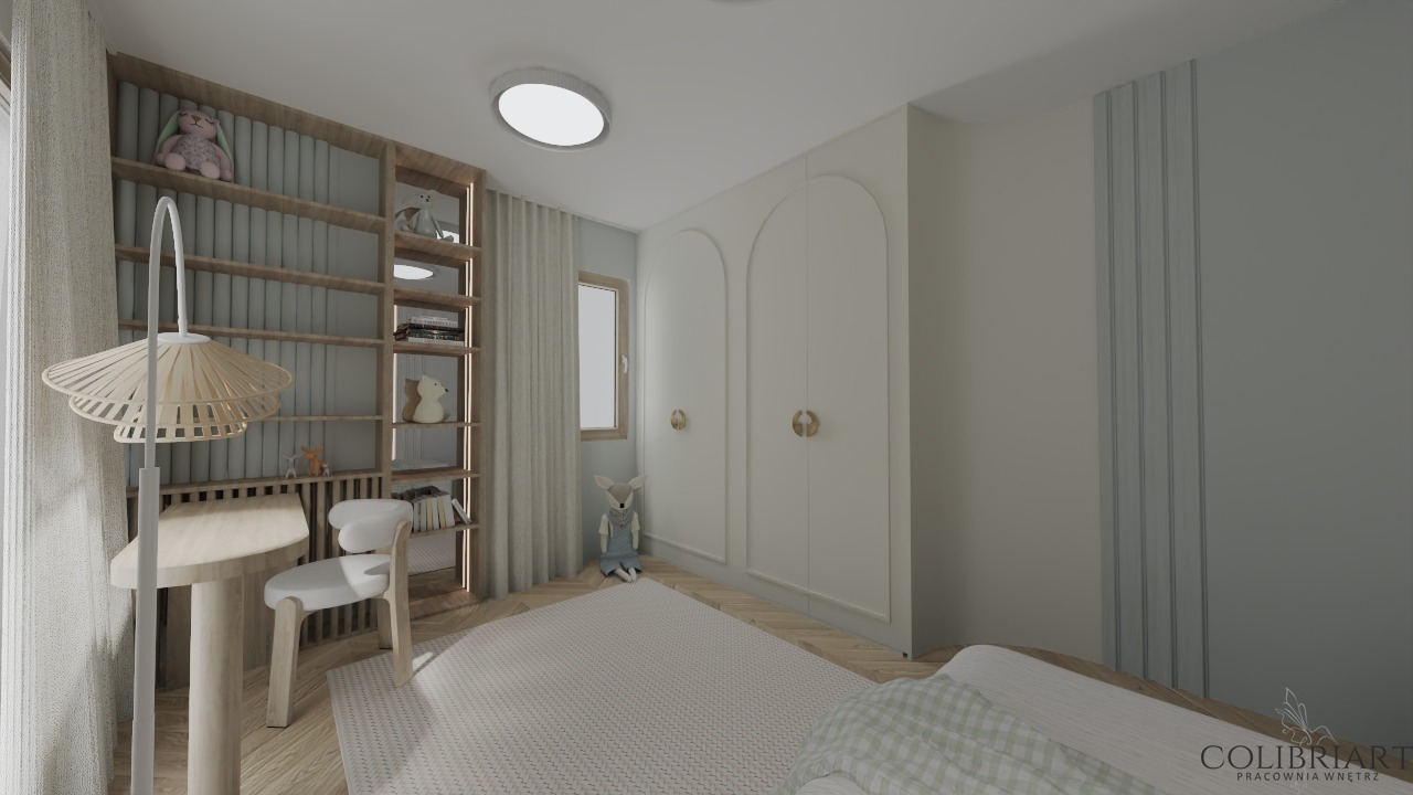 Wizualizacja pokoju dziecięcego z drewnianym regałem, biurkiem i krzesłem. Na podłodze jasny dywan, a przy ścianie biała szafa z dekoracyjnymi frezami.