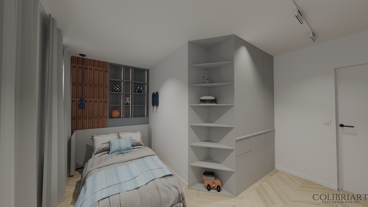 Nowoczesny pokój dziecięcy z łóżkiem, regałem narożnym i zabudową szaf w szarościach. Dekoracyjna ściana z cegieł i półki z zabawkami. Jasne drewno na podłodze.