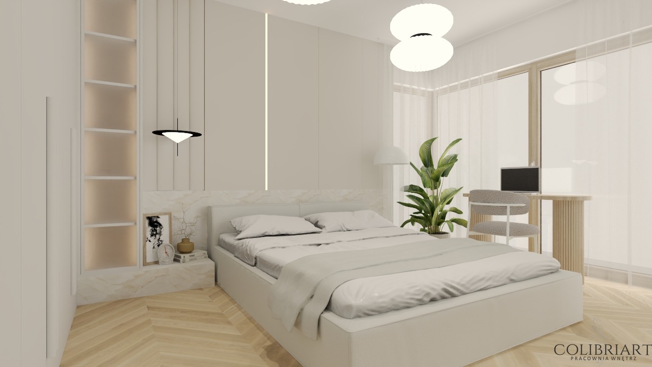 Jasna sypialnia w minimalistycznym stylu. Białe meble, drewniana podłoga w jodełkę, dekoracje i roślina doniczkowa. Subtelne oświetlenie i naturalne światło.