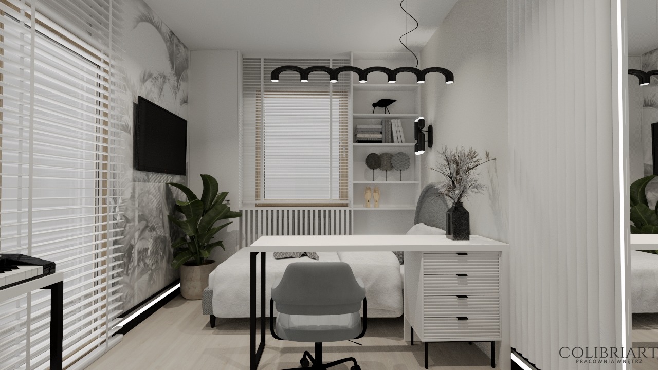 Nowoczesna sypialnia z miejscem do pracy: białe biurko, szare krzesło, łóżko z zagłówkiem, designerska lampa i rolety. Minimalistyczny wystrój z akcentami roślinnymi.