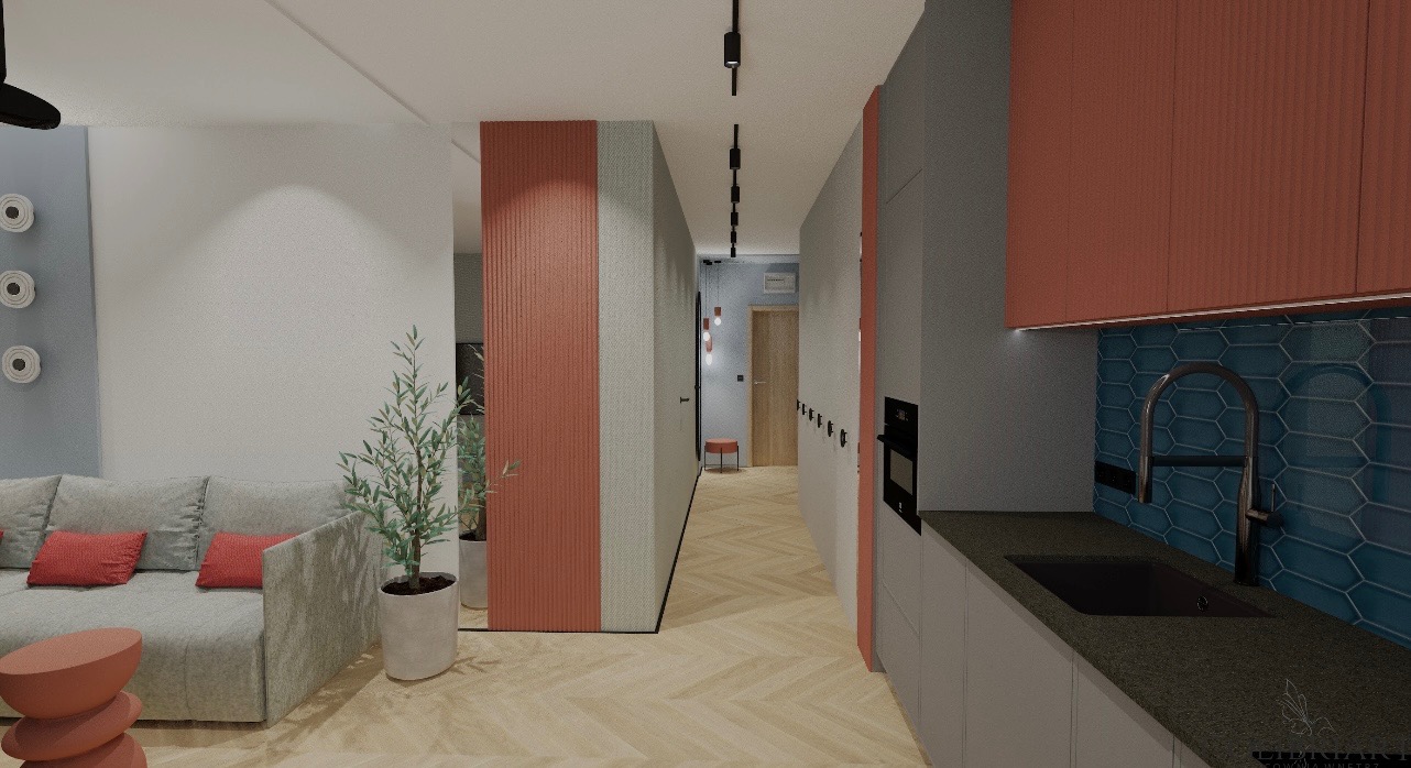 Wnętrze mieszkania z sofą, rośliną i kuchnią z niebieskimi płytkami. Widok na korytarz z oświetleniem punktowym. Projekt w odcieniach szarości i koralowej czerwieni.