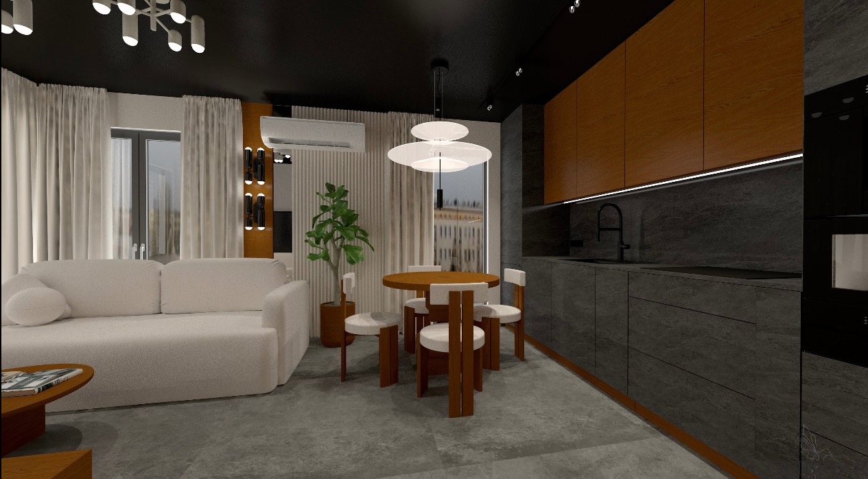 Wnętrze mieszkania z aneksem kuchennym: drewniane szafki, szare blaty, okrągły stół z krzesłami, biała sofa i designerska lampa wisząca. Nowoczesny styl.