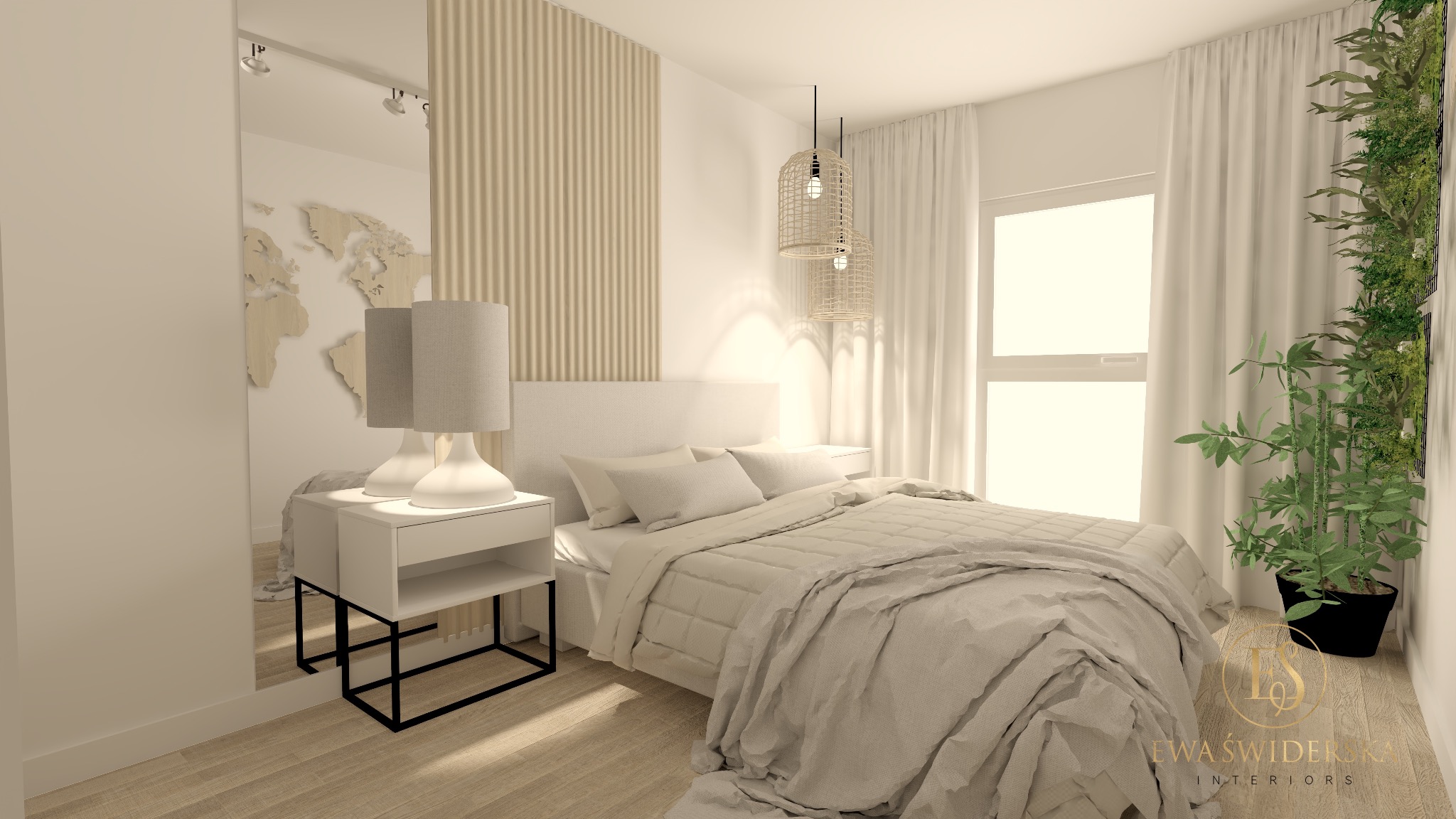 Jasna sypialnia w neutralnych barwach z łóżkiem, szafką nocną i roślinami. Dekoracyjna mapa świata odbija się w lustrze. Dwie lampy wiszące nadają wnętrzu przytulny charakter.