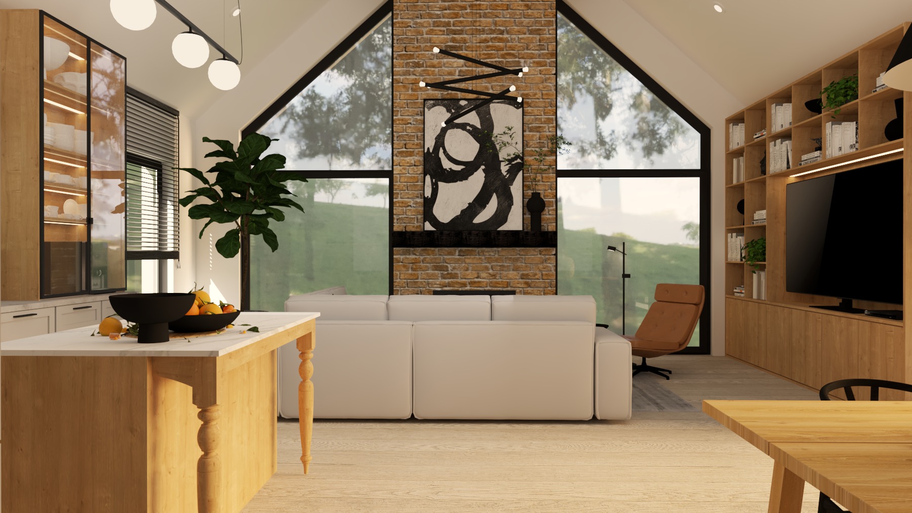Jasne wnętrze domu z wysokim stropem i dużymi oknami. W tle ceglana ściana z abstrakcyjnym obrazem. Na pierwszym planie drewniany stół z owocami i rośliną.