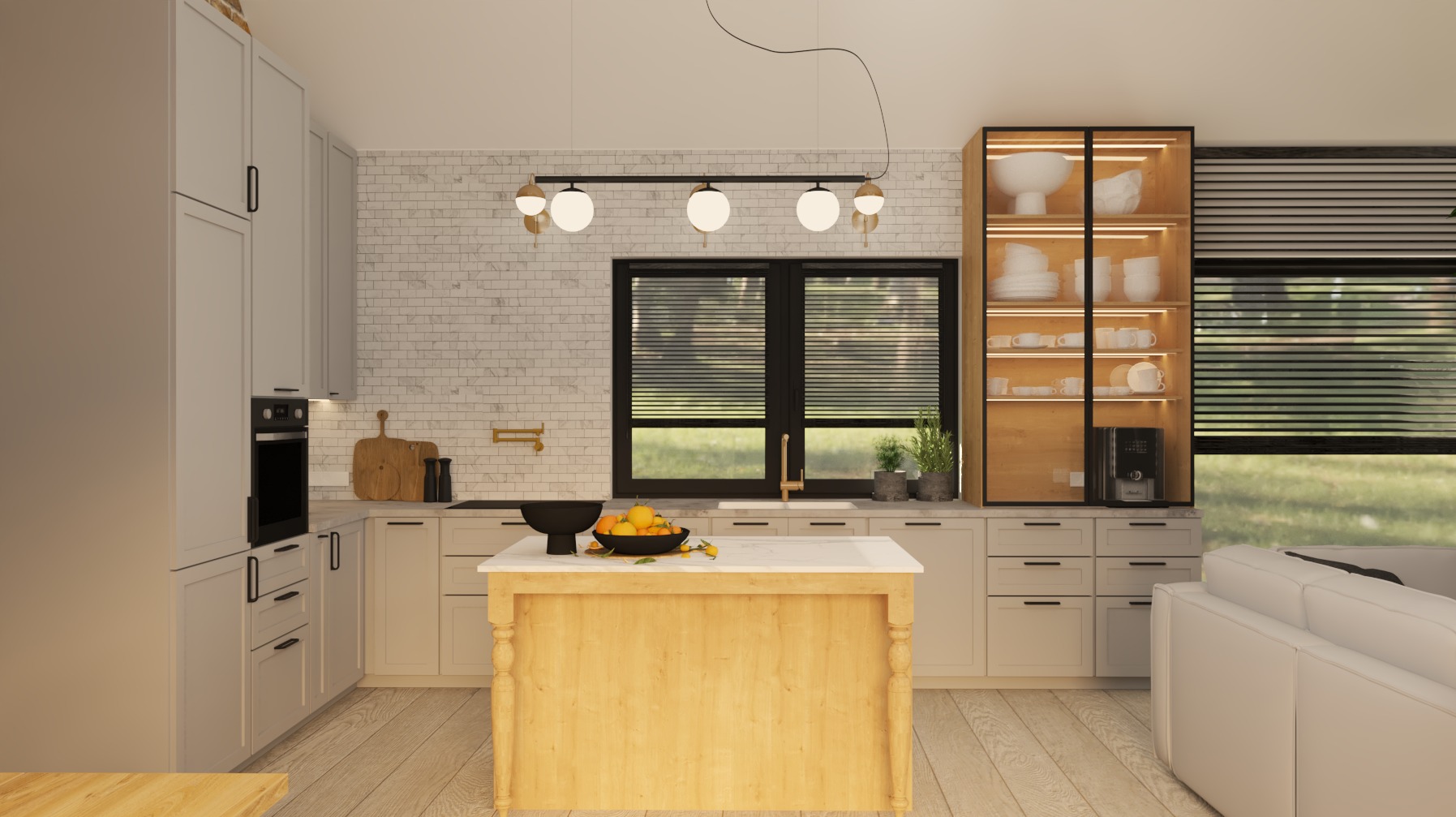 Jasna kuchnia w stylu skandynawskim z drewnianą wyspą, białymi szafkami i ceglaną ścianą. Oświetlenie punktowe i widok na zieleń za oknem.
