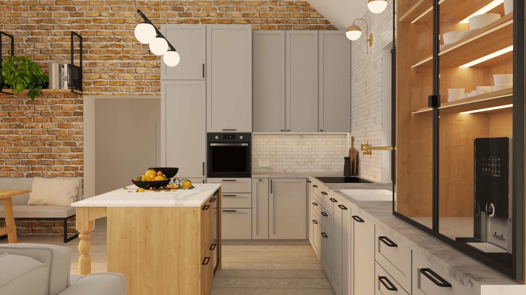 Jasna kuchnia z wyspą i ceglaną ścianą w Dąbrowie Górniczej. Szafki w odcieniach szarości, drewniane elementy i oświetlenie punktowe tworzą przytulną atmosferę.