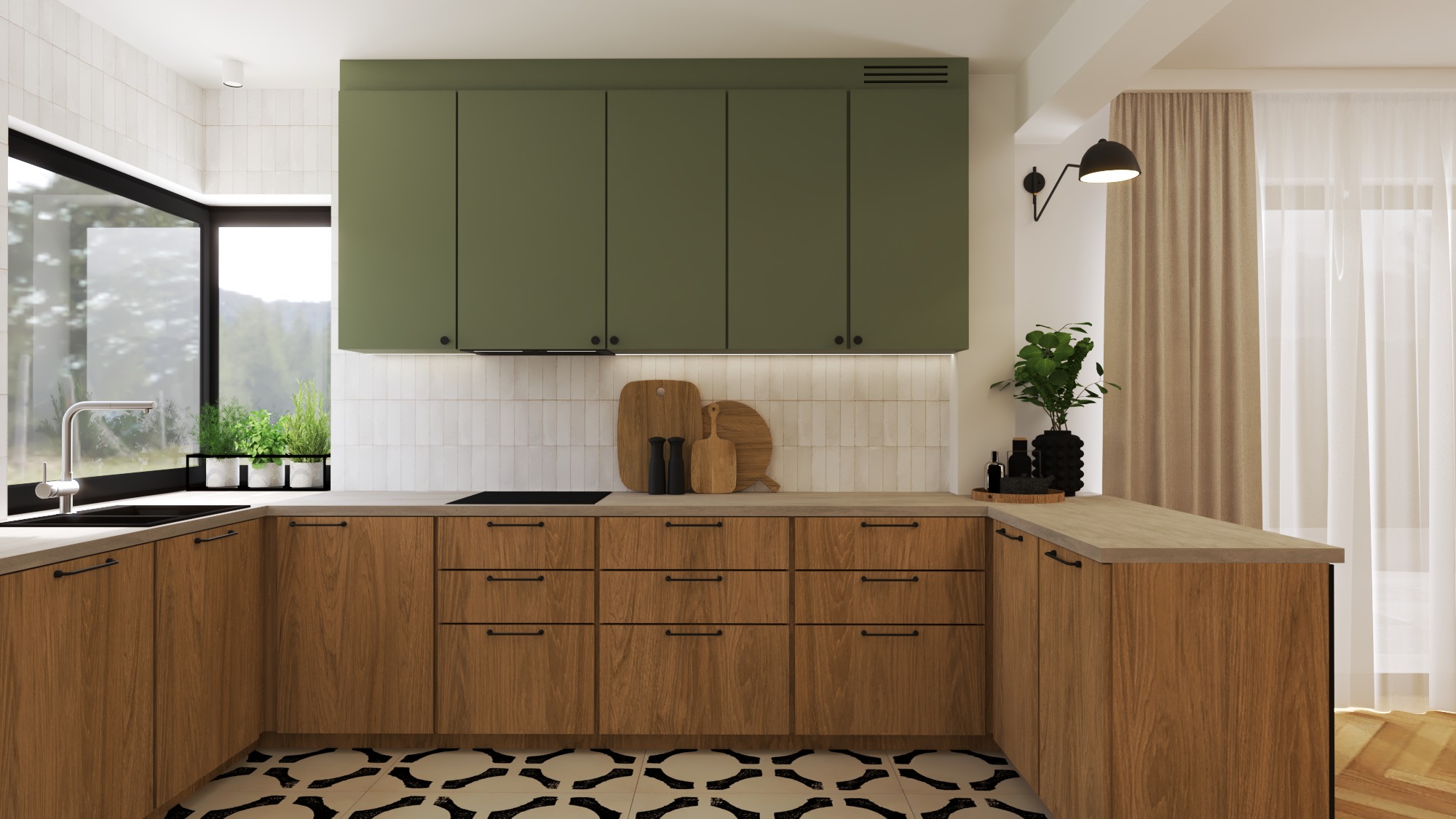 Nowoczesna kuchnia w kształcie litery U z drewnianymi szafkami, oliwkowymi górnymi szafkami i wzorzystą podłogą. Rośliny w oknie dodają świeżości.