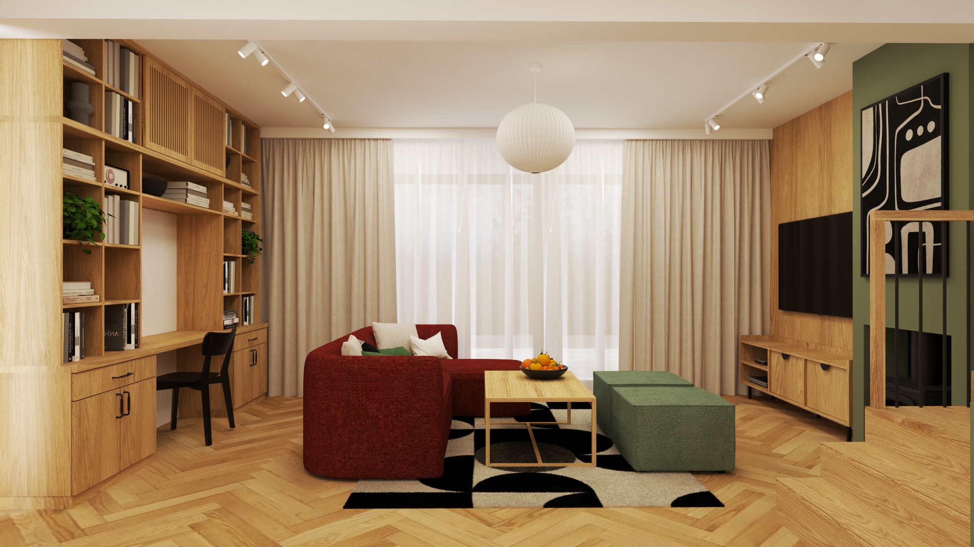 Wnętrze salonu z drewnianą zabudową biurka, ceglastą sofą, geometrycznym dywanem i telewizorem na ścianie. Naturalne światło, parkiet w jodełkę.