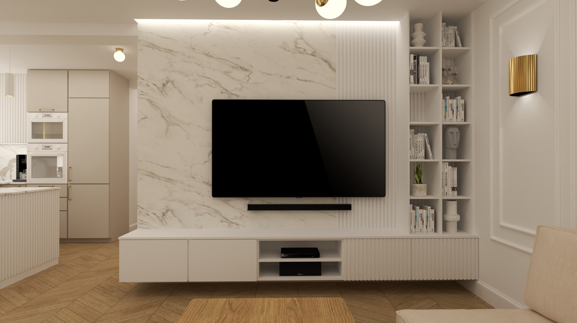 Salon z telewizorem na tle marmurowej ściany i regału z książkami. Jasne, stonowane kolory, drewniana podłoga w jodełkę. Minimalistyczny design z elementami dekoracyjnymi.