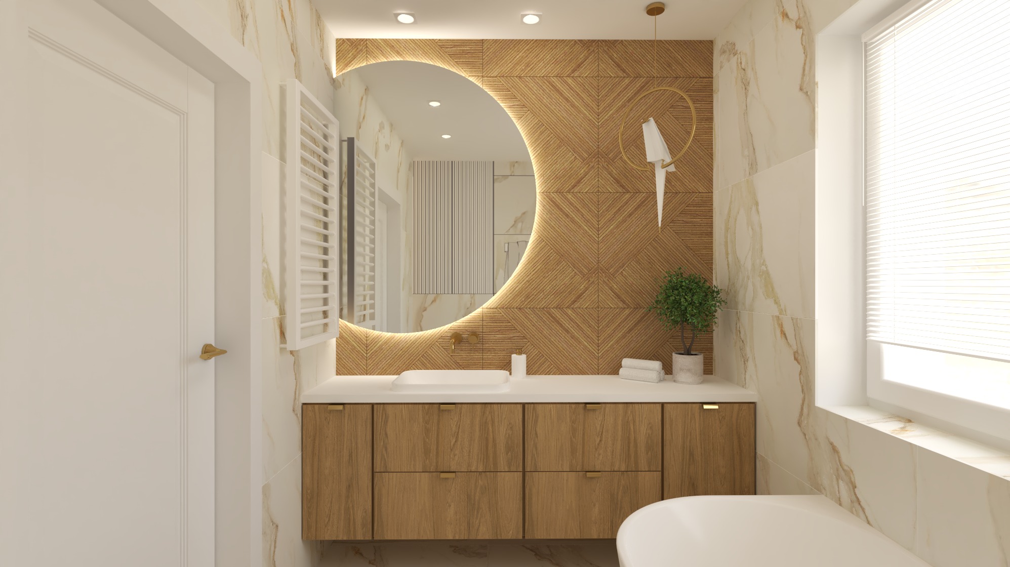 Nowoczesna łazienka z okrągłym lustrem podświetlanym LED, drewnianą szafką pod umywalką i marmurowymi płytkami. Dekoracyjna ściana z drewnianych paneli.