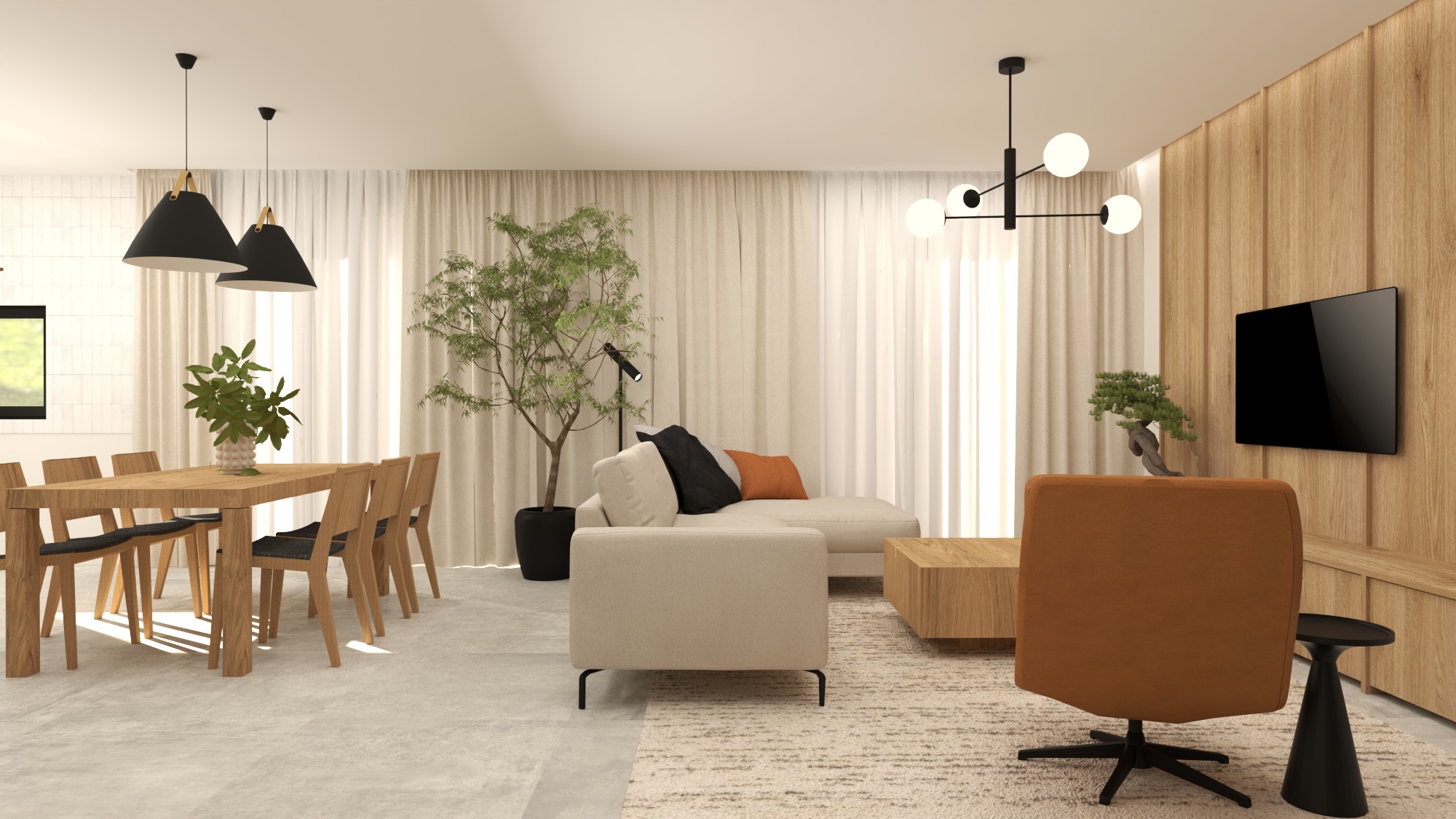 Jasne wnętrze z drewnianymi akcentami: stół z krzesłami, sofa, fotel biurowy i telewizor na drewnianej ścianie. Minimalistyczny design z roślinami doniczkowymi.