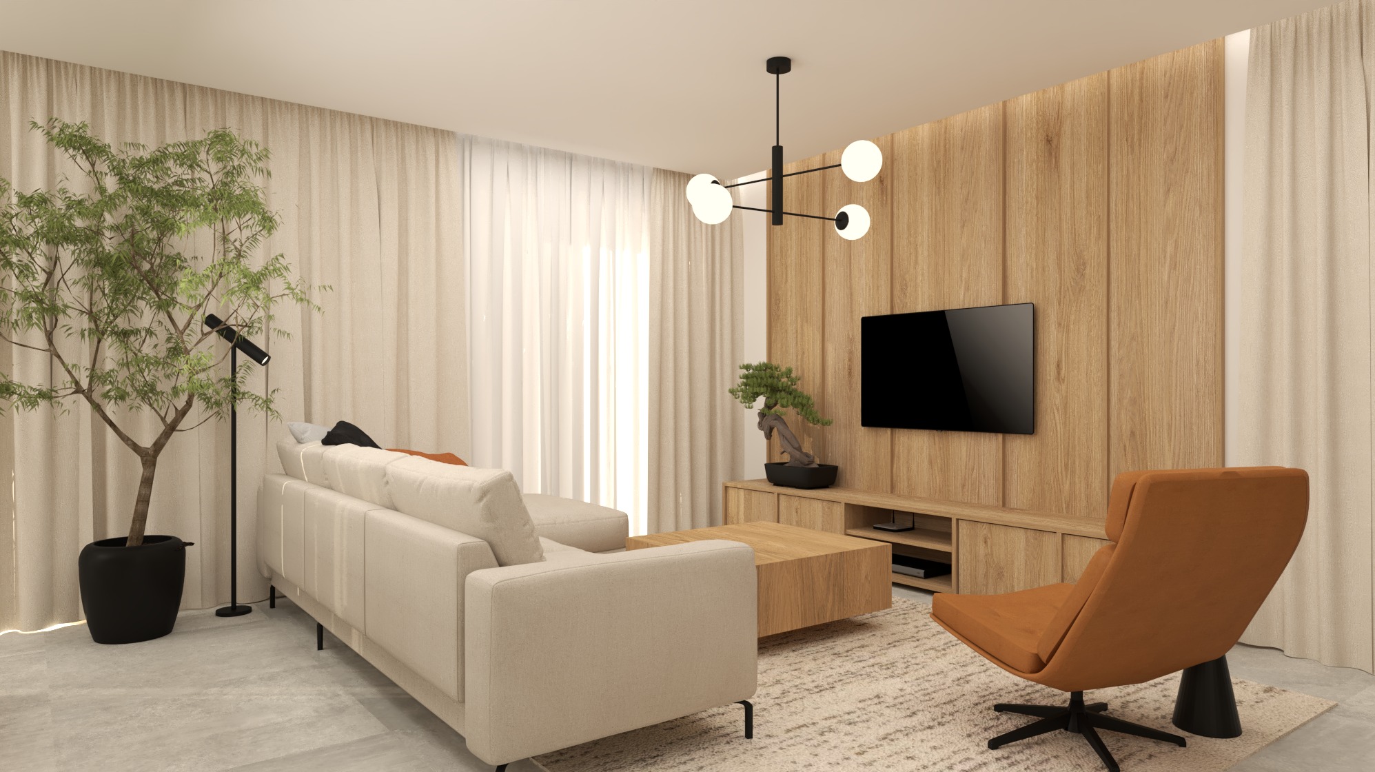 Jasny salon z drewnianą ścianą TV, beżową sofą i fotel obrotowy. Minimalistyczny design, lampa sufitowa z kulami, roślina w donicy. Przytulne wnętrze.