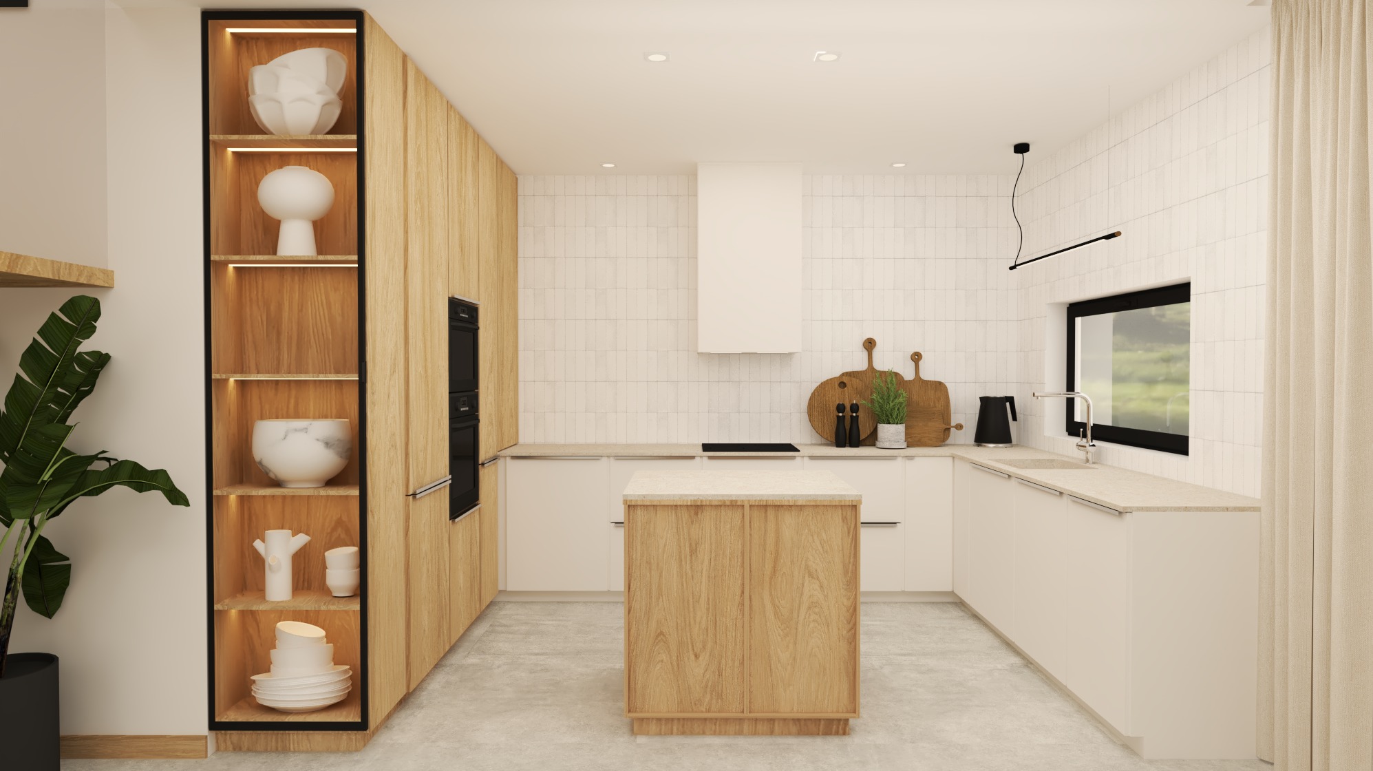 Jasna kuchnia z drewnianą wyspą i półkami z dekoracjami. Minimalistyczny design, białe fronty szafek, płytki na ścianie. Nowoczesne oświetlenie i roślina doniczkowa.