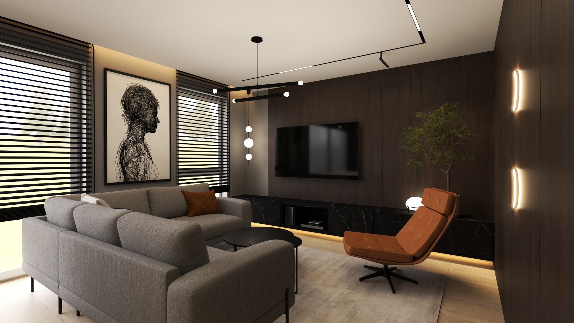 Nowoczesny salon z szarą sofą, brązowym fotelem i czarnym stolikiem kawowym. Na ścianie grafika i telewizor. Minimalistyczne oświetlenie.