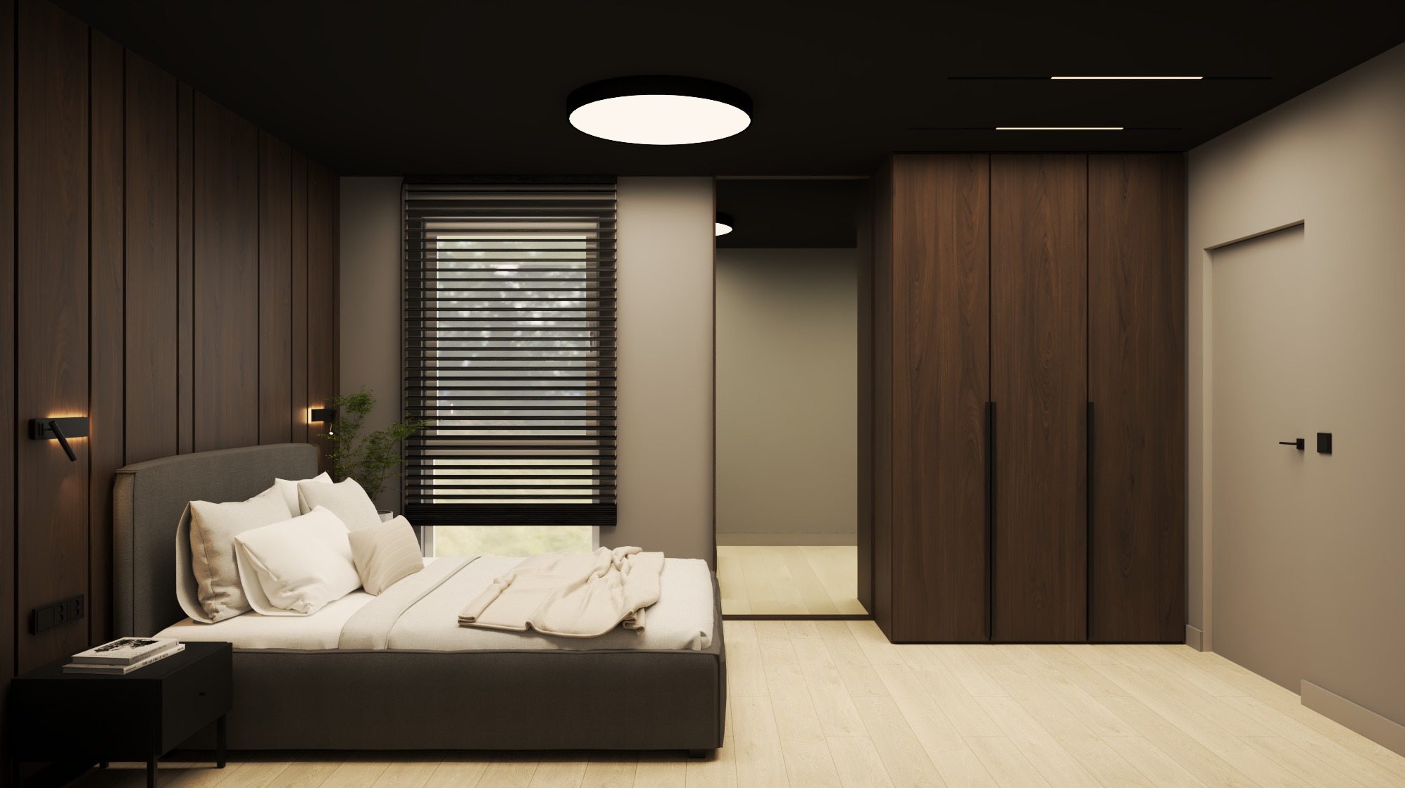 Nowoczesna sypialnia z drewnianą ścianą, szarą tapicerowaną ramą łóżka i minimalistycznym oświetleniem. Widok na garderobę i jasną podłogę.