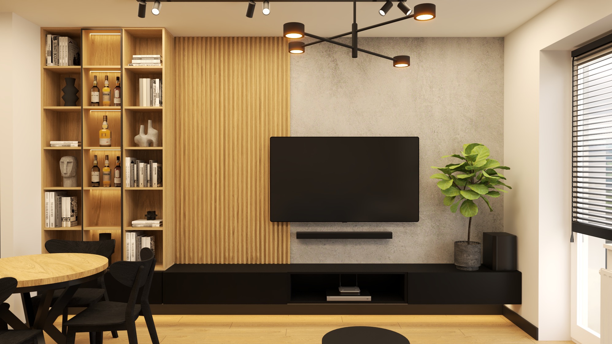 Nowoczesny salon z drewnianą ścianą, czarnym telewizorem i szafką RTV. Na półkach książki i dekoracje. Okrągły stół z czarnymi krzesłami. Minimalistyczna lampa sufitowa.