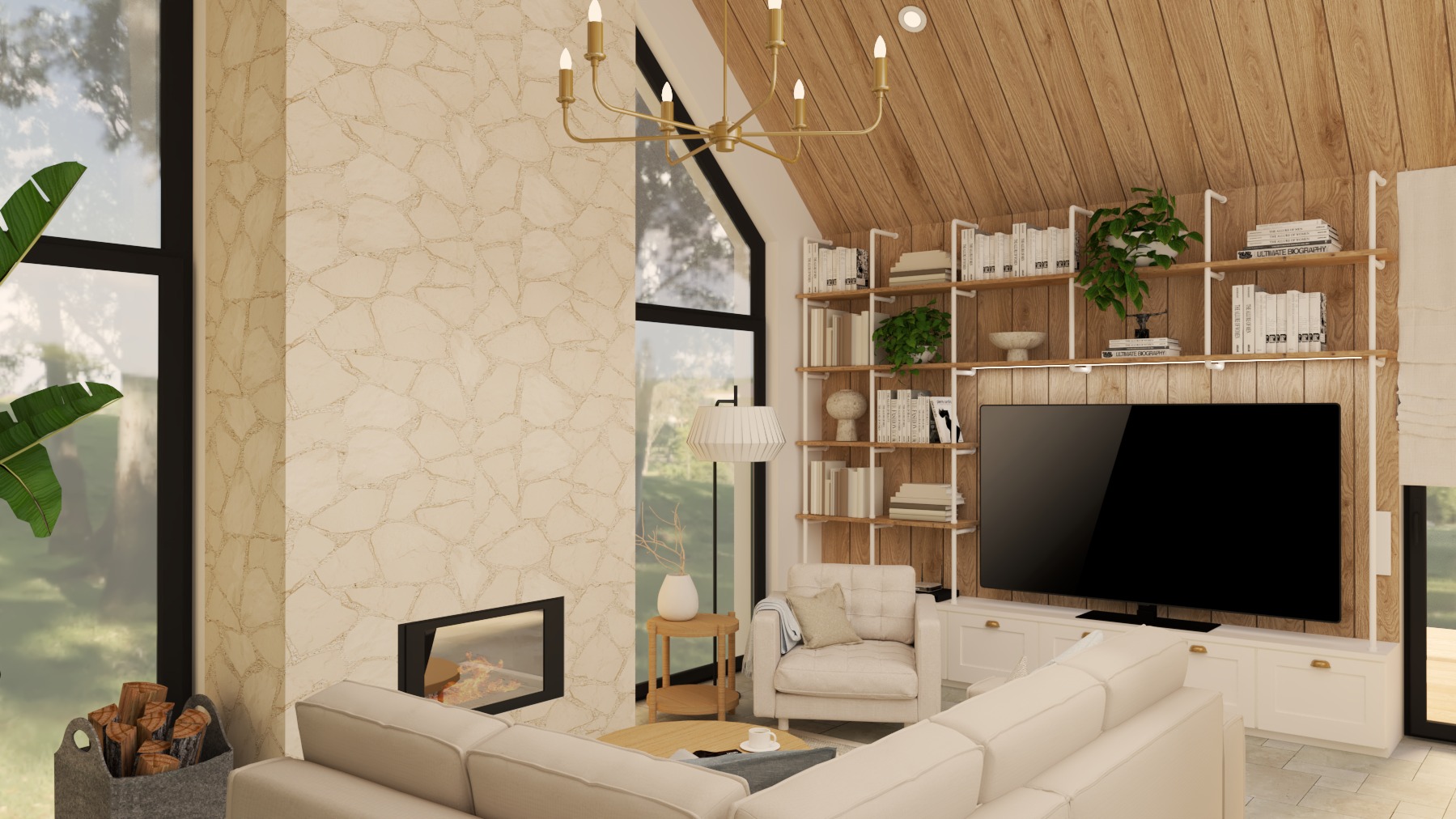Jasne wnętrze salonu z kominkiem obłożonym kamieniem, drewnianym sufitem i regałami. Widok na zewnątrz przez duże okno. Nowoczesny żyrandol i beżowa sofa.