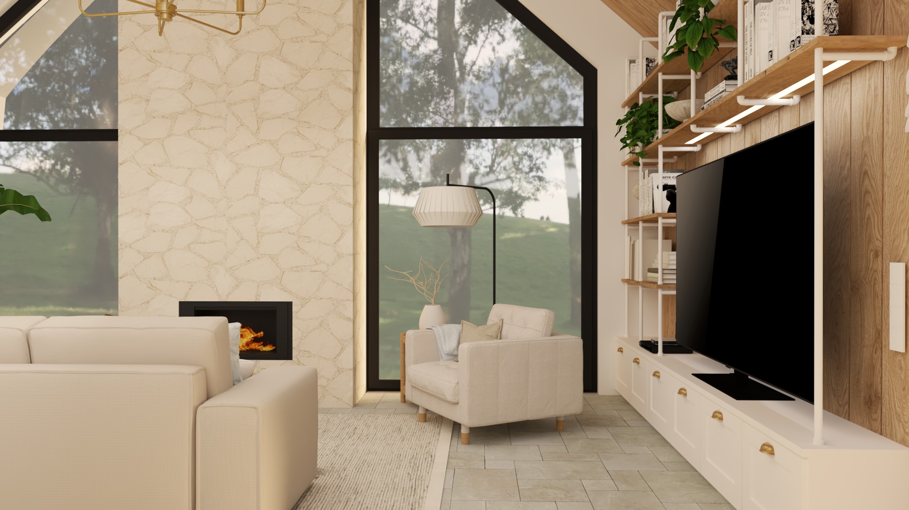 Jasne wnętrze salonu z kominkiem i dużym oknem. Kremowa sofa, fotel i regał z telewizorem. Ściana z kamienia dekoracyjnego. Minimalistyczny design z roślinami.