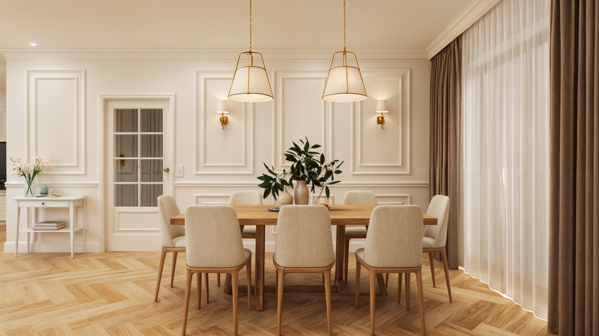 Elegancka jadalnia w jasnych barwach: drewniany stół z krzesłami, dekoracyjne lampy wiszące, parkiet w jodełkę, sztukateria na ścianach i okno z zasłonami.