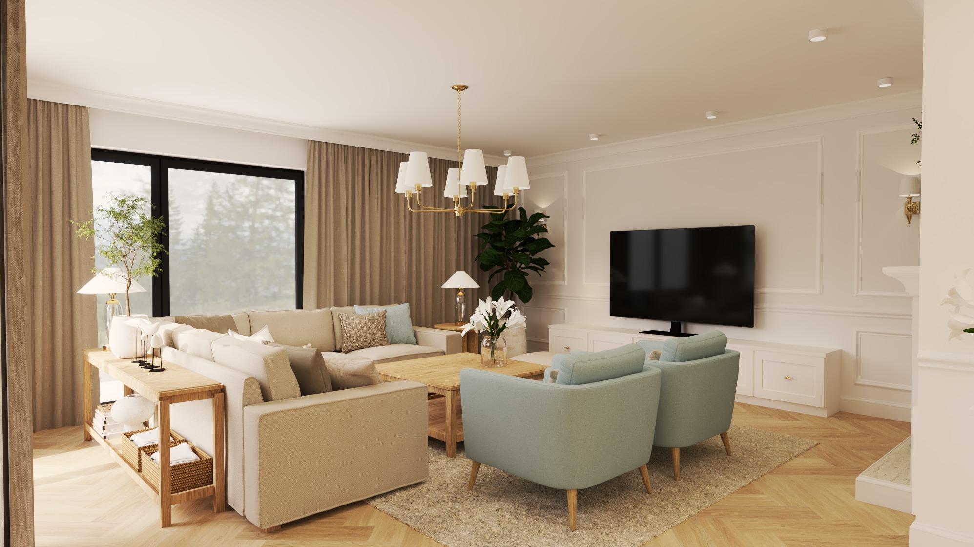 Jasny salon w stylu klasycznym: beżowa sofa narożna, dwa błękitne fotele, drewniany stolik kawowy i złoty żyrandol. Duże okno z widokiem na zieleń.