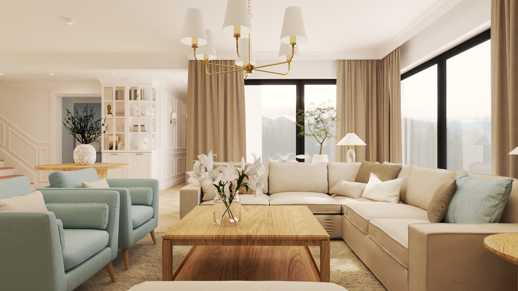 Jasny salon z narożną sofą, drewnianym stolikiem kawowym i turkusowymi fotelami. W tle duże okno z widokiem na zieleń i dekoracyjny żyrandol.