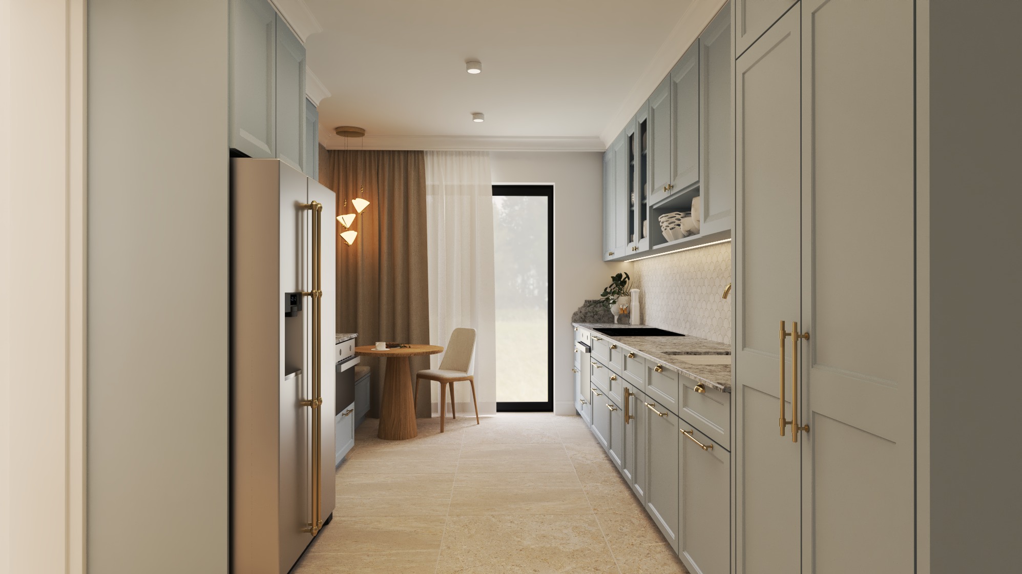 Jasna kuchnia w stylu klasycznym z szarymi szafkami, złotymi uchwytami i okrągłym stołem. Widok na okno i dekoracyjną lampę. Ujęcie z perspektywy korytarza.
