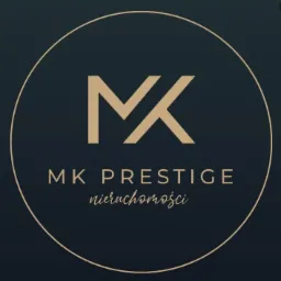 Minimalistyczne logo firmy MK Prestige Nieruchomości w kolorach złota i granatu, umieszczone w okręgu.