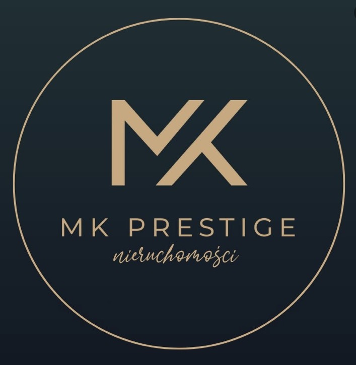 Minimalistyczne logo firmy MK Prestige Nieruchomości w kolorach złota i granatu, umieszczone w okręgu.