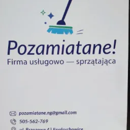 Logo firmy sprzątającej 'Pozamiatane!' z graficznym symbolem miotły i danymi kontaktowymi: adres e-mail, numer telefonu i adres siedziby.