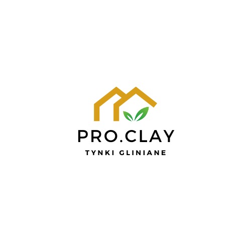 Logo firmy PRO.CLAY specjalizującej się w tynkach glinianych, z symbolem dwóch stylizowanych domów i zielonych listków.