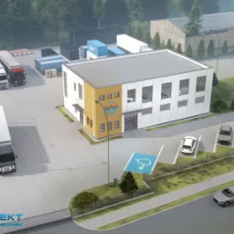 Wizualizacja 3D nowoczesnego budynku biurowego z parkingiem, samochodami, ciężarówkami i kontenerami w tle, otoczonego zielenią.