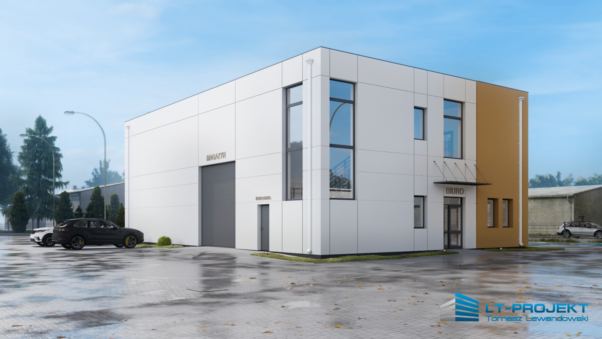 Wizualizacja zewnętrzna nowoczesnego budynku magazynowo-biurowego z białymi panelami elewacyjnymi, szarą bramą garażową i strefą wejściową w kolorze miodowym, zaparkowane samochody osobowe, mokry...