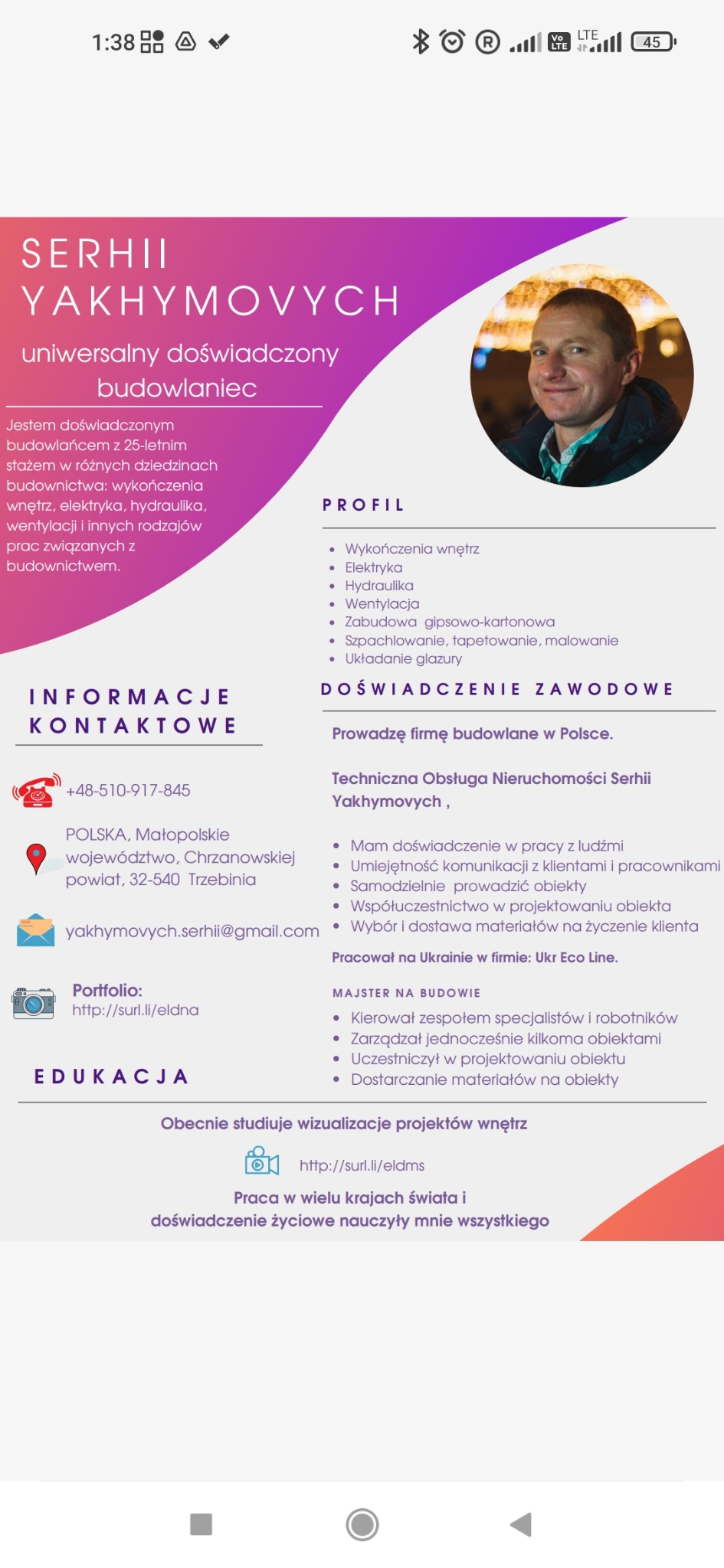 Wizytówka budowlańca Serhii Yakhymovycha z profilem, danymi kontaktowymi i doświadczeniem zawodowym.