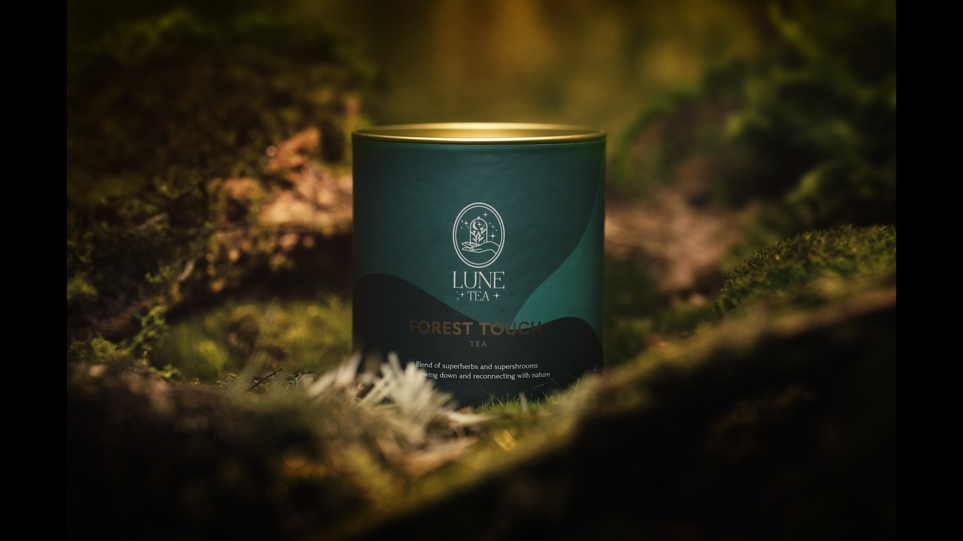 Zielona puszka herbaty LUNE Forest Touch na tle mchu leśnego, złote wieczko, stonowana kolorystyka, naturalne światło.