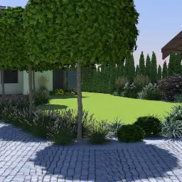 Wizualizacja ogrodu z równo przystrzyżonym trawnikiem, kulistymi drzewami, rabatami z ozdobnymi trawami i zadaszoną konstrukcją z drewna w tle.