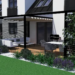 Wizualizacja nowoczesnego tarasu z pergolą, meblami ogrodowymi i starannie dobraną roślinnością, w tym pnącza na drewnianej kratownicy i ozdobne trawy wzdłuż trawnika.