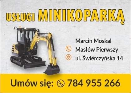 Grafika reklamowa z żółto-czarną mini koparką na białym tle, z danymi kontaktowymi firmy z Masłowa: imię, nazwisko, adres i numer telefonu.