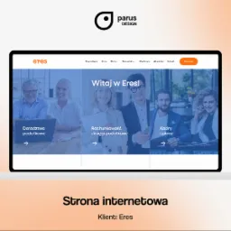 Prezentacja strony internetowej na laptopie z logo 'eres', z podziałem na sekcje: Doradztwo podatkowe, Rachunkowość i księgi podatkowe, Kadry i płace, oraz logo Parus Design w górnym rogu.