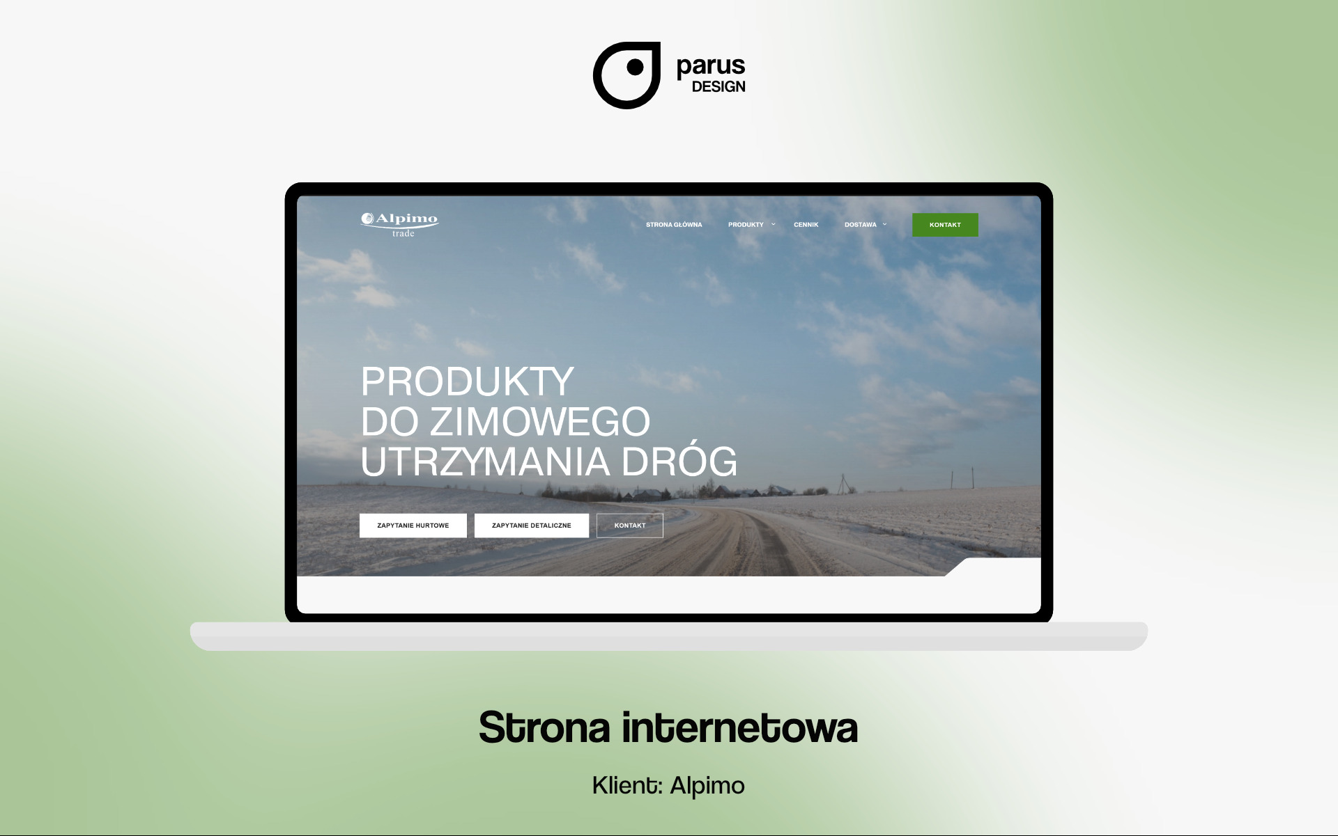 Ekran laptopa prezentujący stronę internetową firmy Alpimo, specjalizującej się w produktach do zimowego utrzymania dróg, z logo Parus Design w górnym rogu.