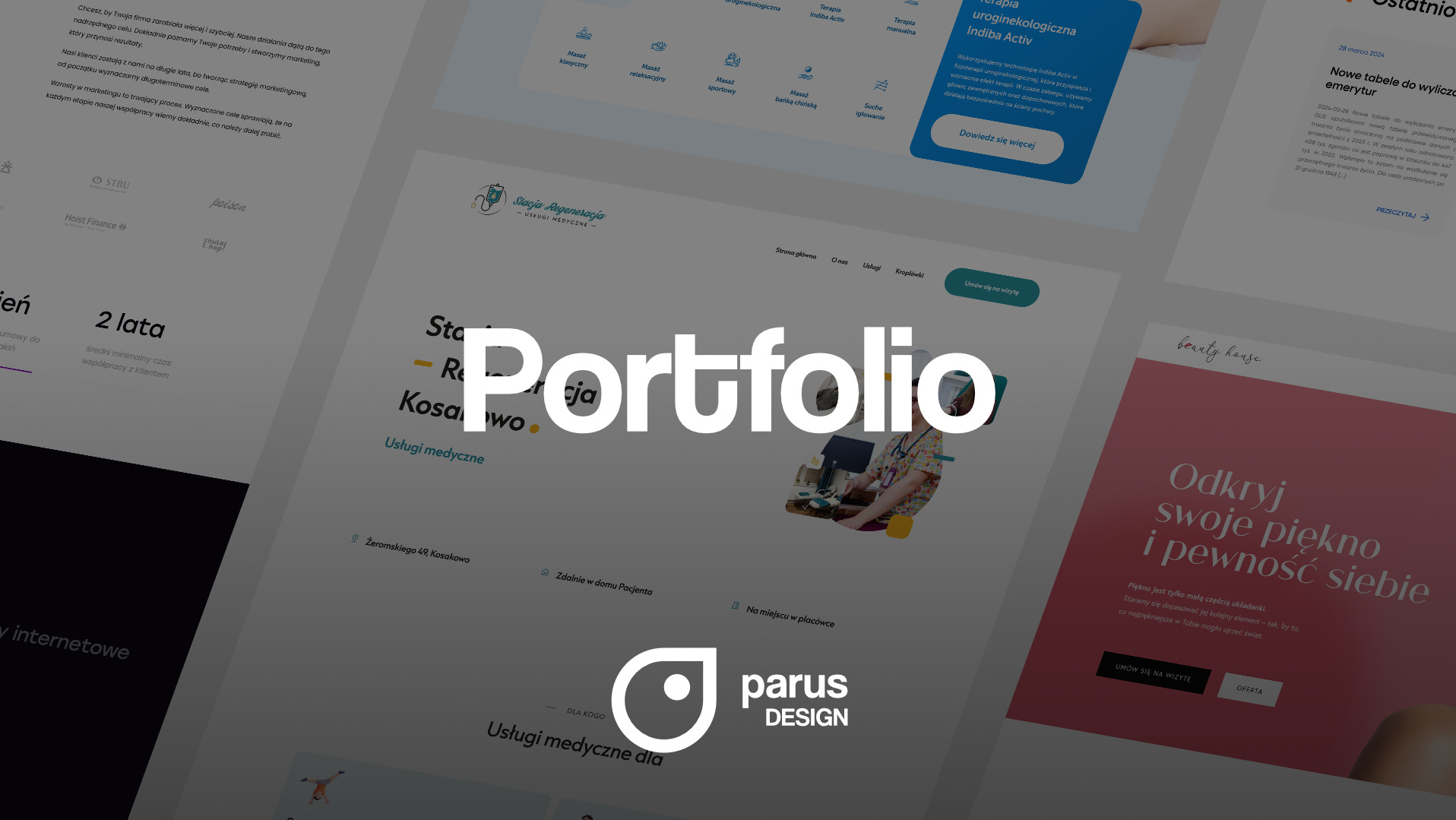 Fragment strony internetowej prezentujący portfolio firmy Parus Design z branży usług medycznych i regeneracyjnych, z widocznym logo firmy i nagłówkiem 'Portfolio' na pierwszym planie.