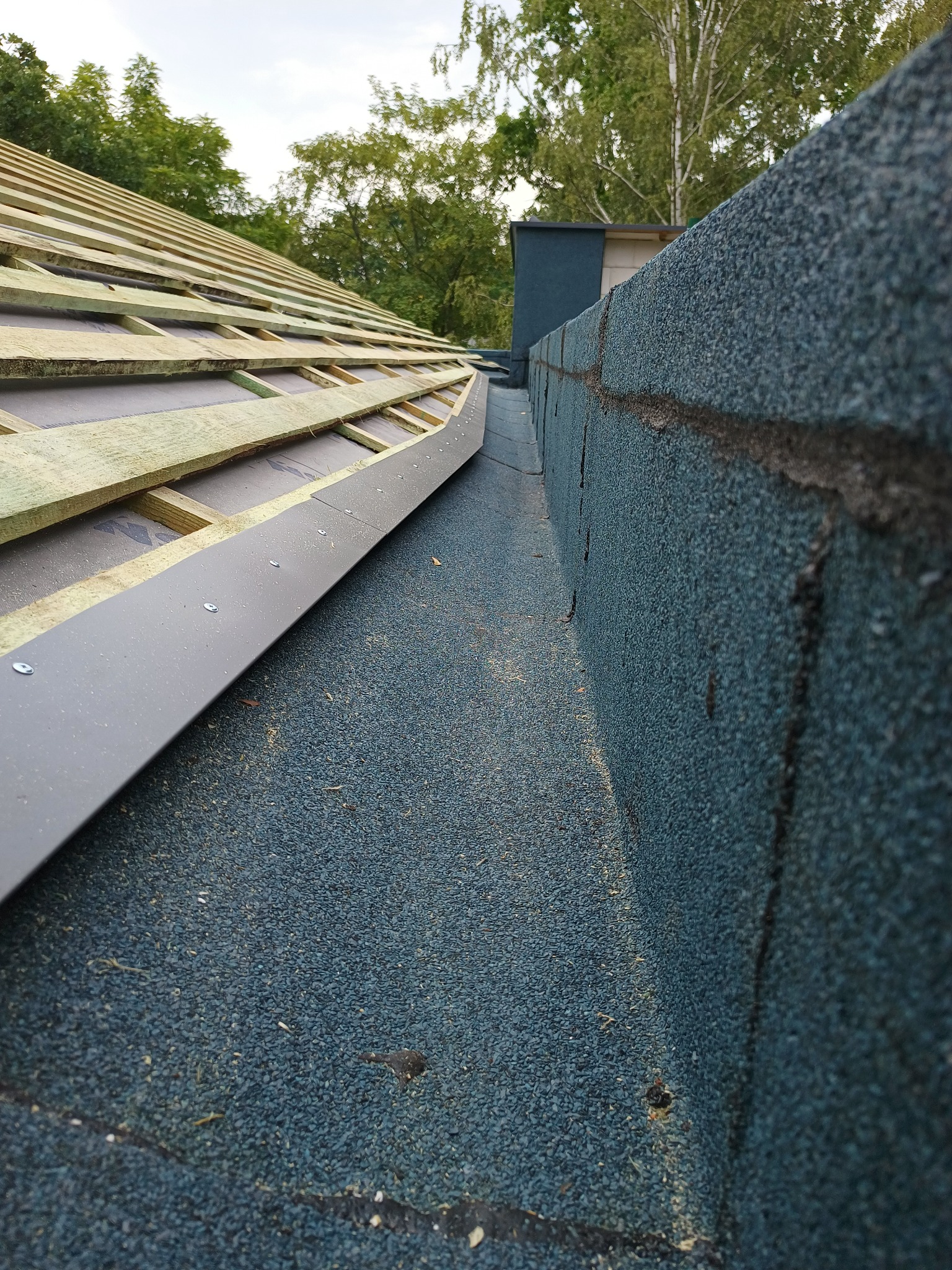 Fragment dachu w trakcie budowy, widoczne drewniane elementy konstrukcyjne, papa dachowa i metalowy pas przy krawędzi, w tle zieleń drzew.