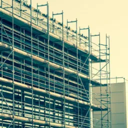 Budynek w trakcie ocieplania elewacji, widoczne rusztowania na kilku kondygnacjach, częściowo ocieplona ściana i fragment sąsiedniego budynku z rzędem okien.